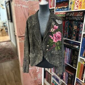 Aratta Distressed Black Colonel Blazer with Pink Floral Embroidery